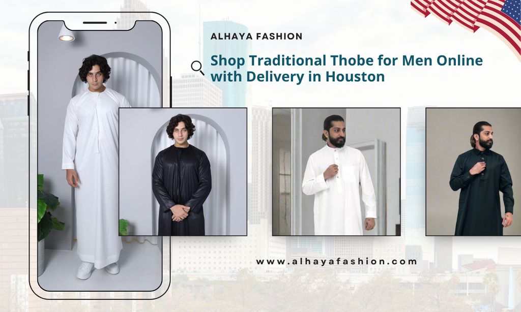 Men wearing traditional Emirati thobe available for online purchase in Houston