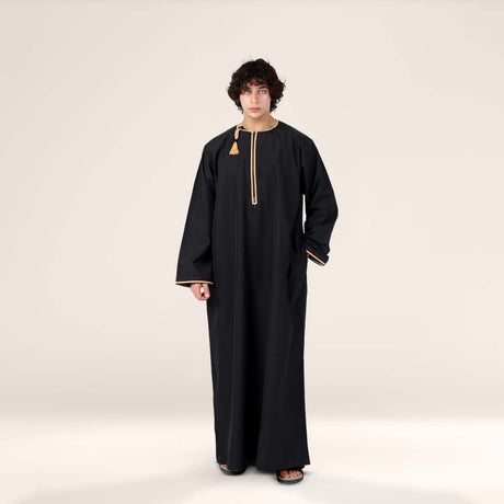 Modern black and gold Omani dishdasha for men