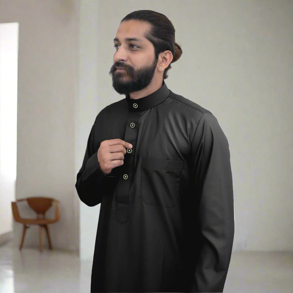 Collared Thobe Classic Collar Black Thobe for Men – Buy Online in USA – Alhaya Fashion