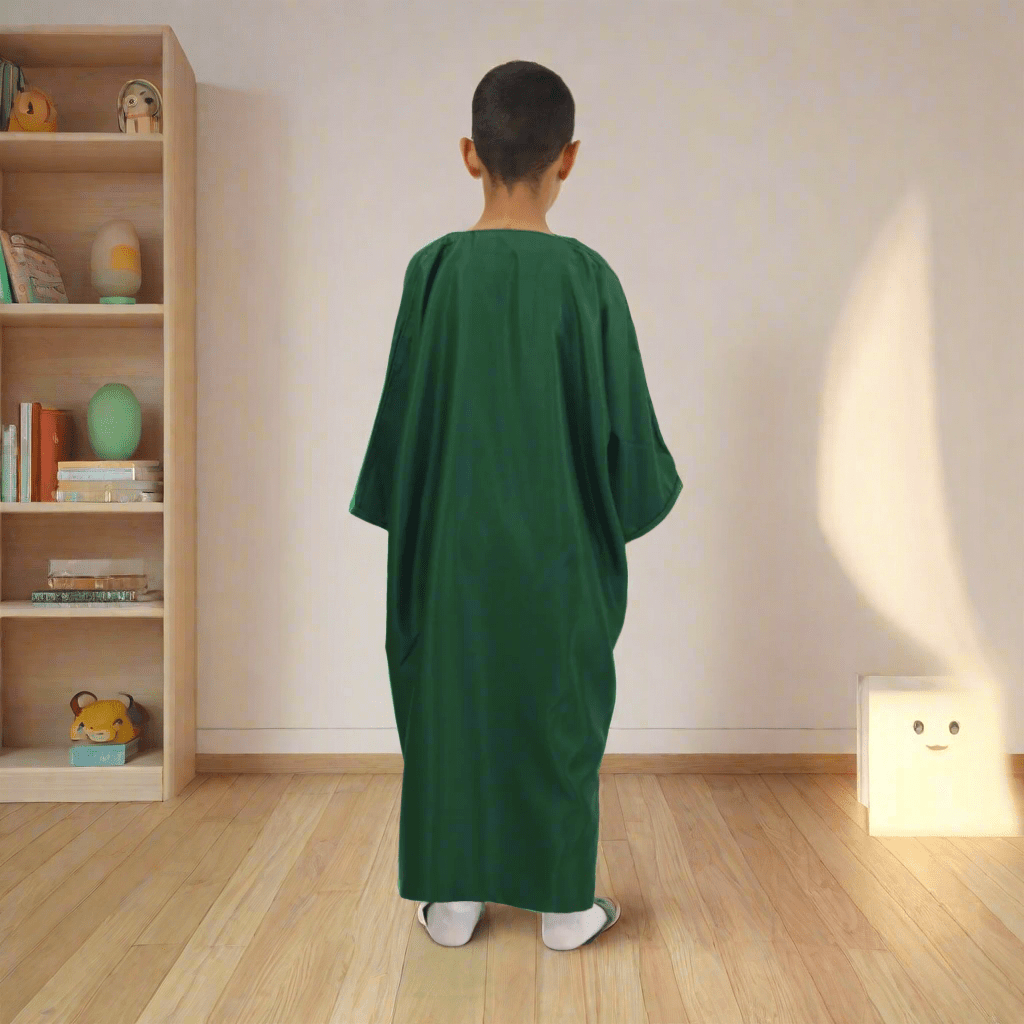 Person wearing a green robe on a white background