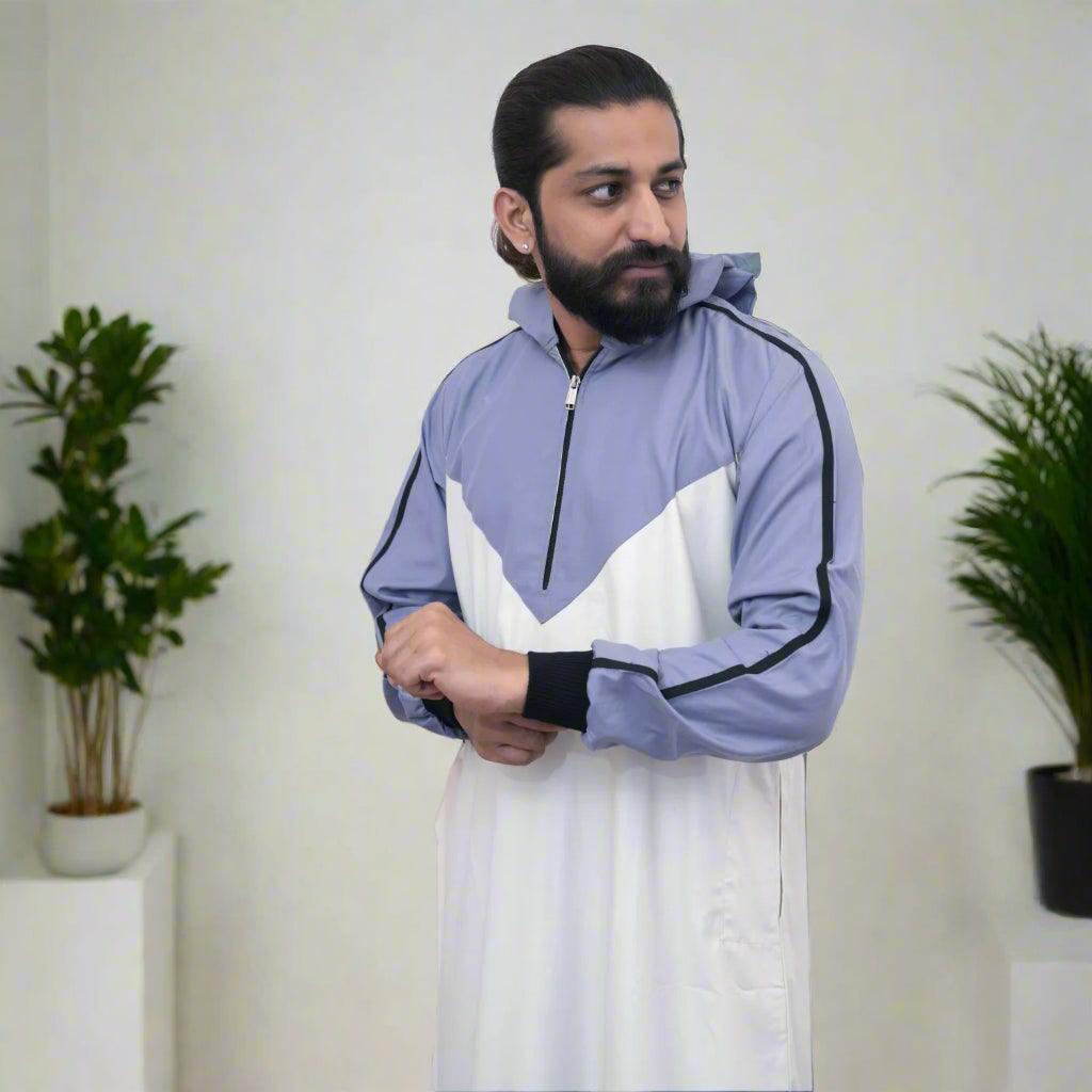 White & Blue Hoodie Thobe