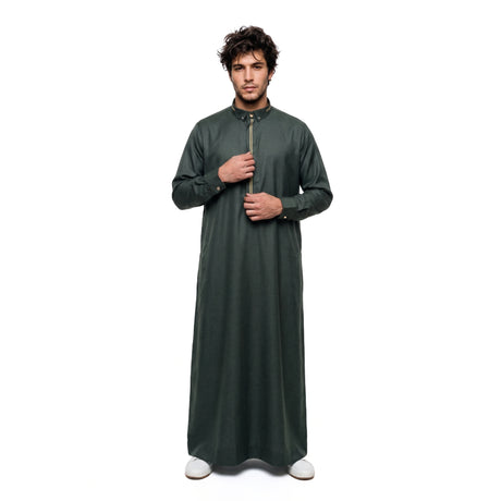 Olive Green Collar Thobe. Front View
