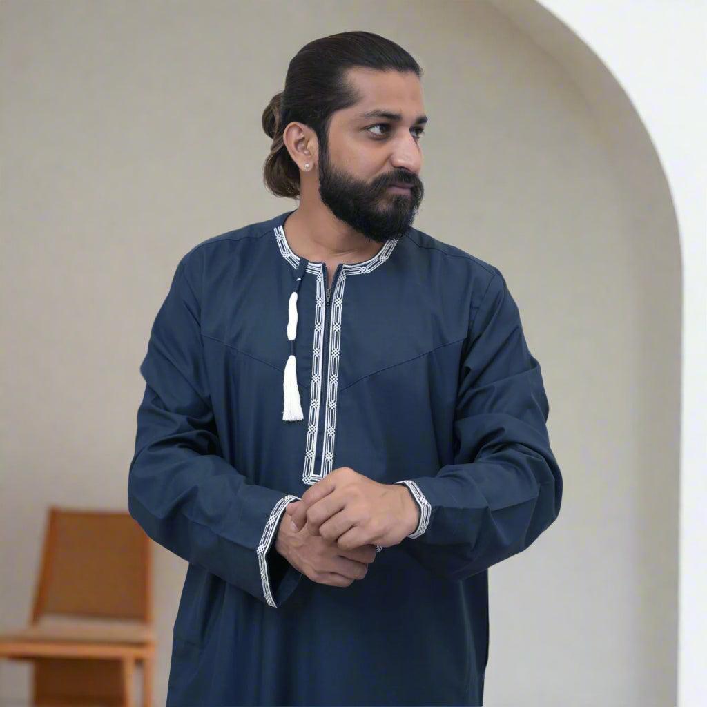 Buy Omani Embroidered Navy Blue Thobe Online at Alhaya Fashion