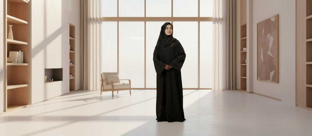 Woman in a black abaya standing in a modern, well-lit room with large windows.