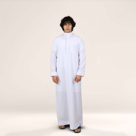 Modern collar thobe in arctic white for men USA store