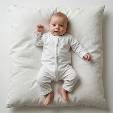 Baby in a white onesie lying on a large white pillow against a plain background